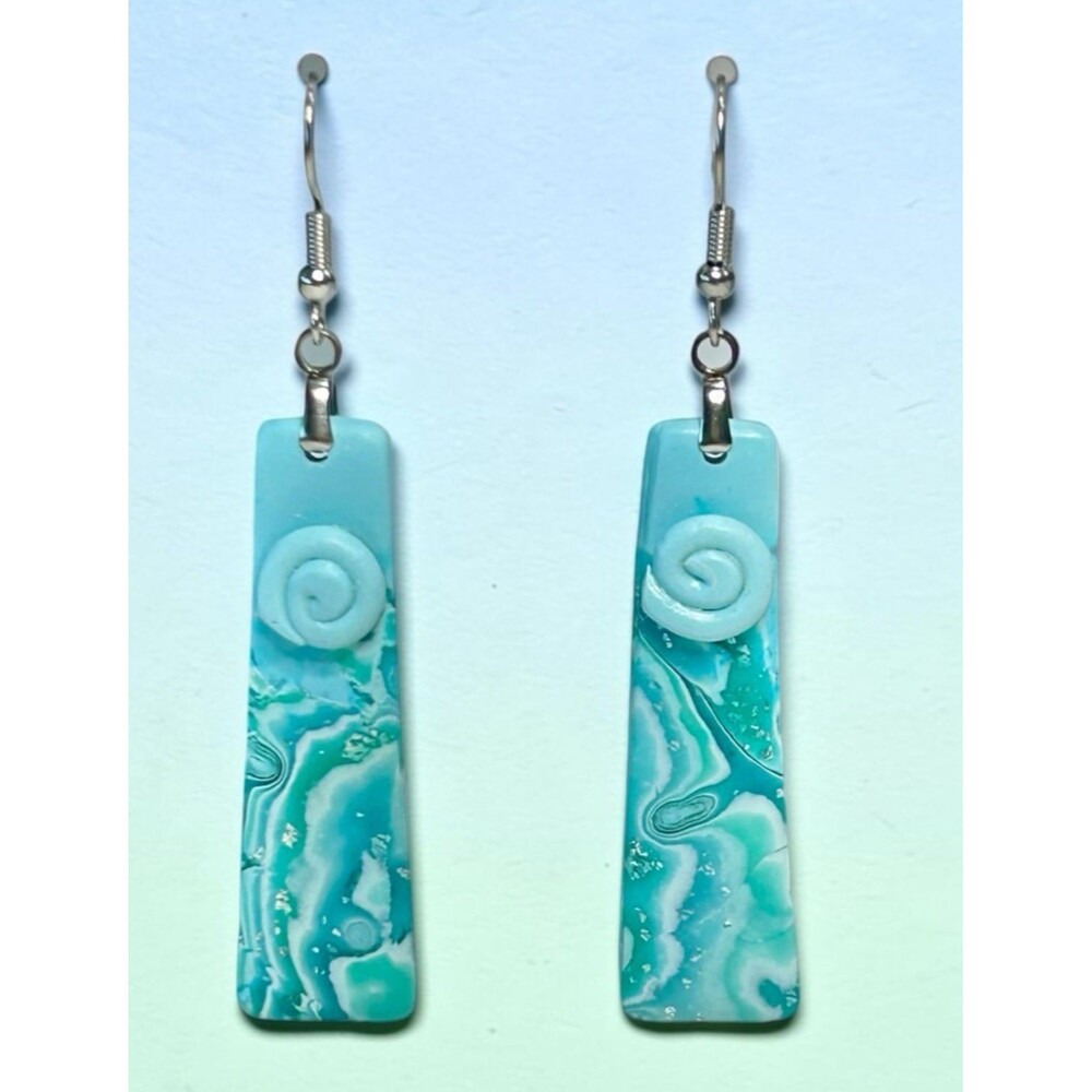 Blue Green & Silver Handmade Dangle Polymer Clay Earrings w Stainless Steel Post - Picture 4 of 9